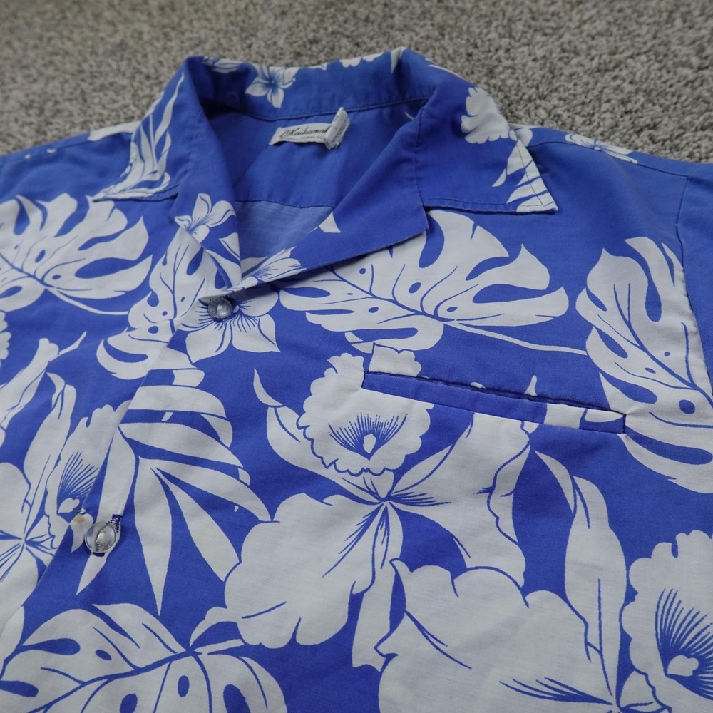 VTG Kaikanahine Shirt Mens Large Blue White Floral Hawaiian Aloha Button Up USA